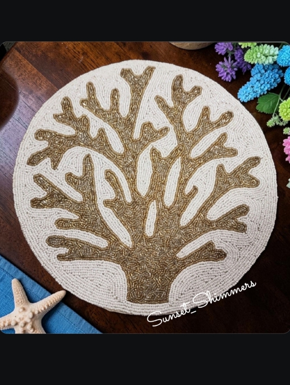 4pc Coastal Collection Gold Sea Coral Reef Beaded Placemats Chargers Set NEW